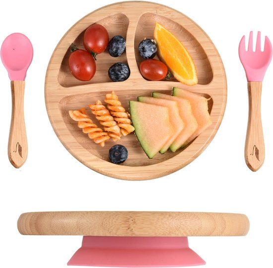 Pencilluxe® Rond Bamboe Baby Bord (Roze) - Baby Cadeau - Kinderservies set - Zuignap - Kinderbord - Baby servies - Baby bestek - Melamine & BPA-vrij - Vakjesbord - Kraammand - Kraamcadeau - Babyshower cadeau - Baby - Geboorte Cadeau - Kraamvisite van Pencilluxe®