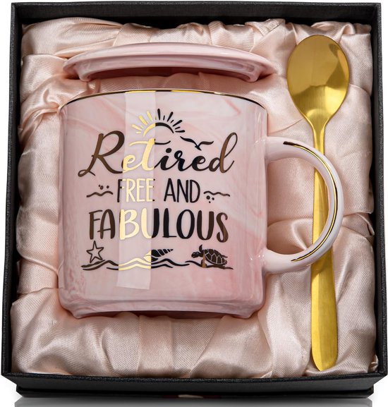 Pensioencadeau voor vrouwen, Pensioencadeau Vrouw Mok, Pensioencadeaus voor vrouwen, 14 oz Keramische Gepersonaliseerde Koffiekopjes met Kaart, Lepel, Kopdeksel, Geschenkdoos, Roze Kaart van FILO ESTILO