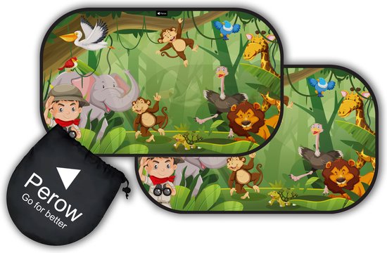 Perow - Zonnescherm Auto - Jungle – UV Protectie – Zonnescherm auto kind - Baby - Set van 2 van Perow