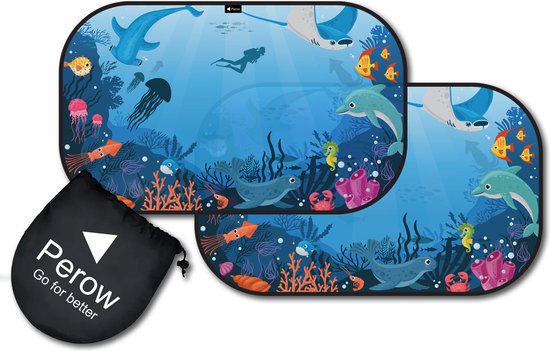 Perow - Zonnescherm Auto - Onderwaterwereld – UV Protectie – Zonnescherm auto kind - Baby - Set van 2 van Perow