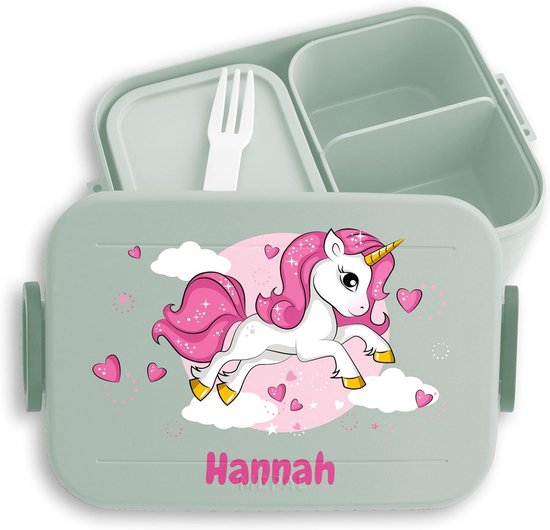 Personaliseerbare Bento Lunchbox met Naam - 900 ml - Unicorn Design - Groen - Voor Kinderen