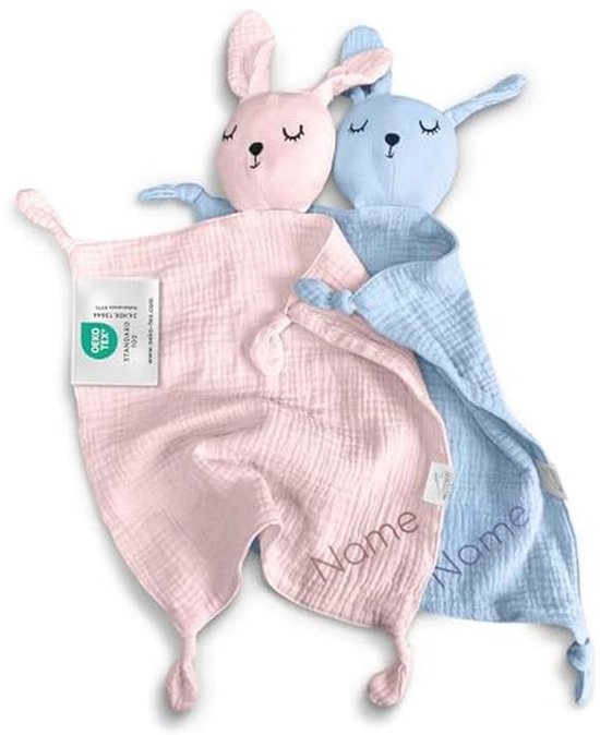 Persoonlijk knuffeldoekje voor baby's met naam - Oeko-Tex® Standard 100 - Zacht muslin - Konijn (roze) van Kiabi