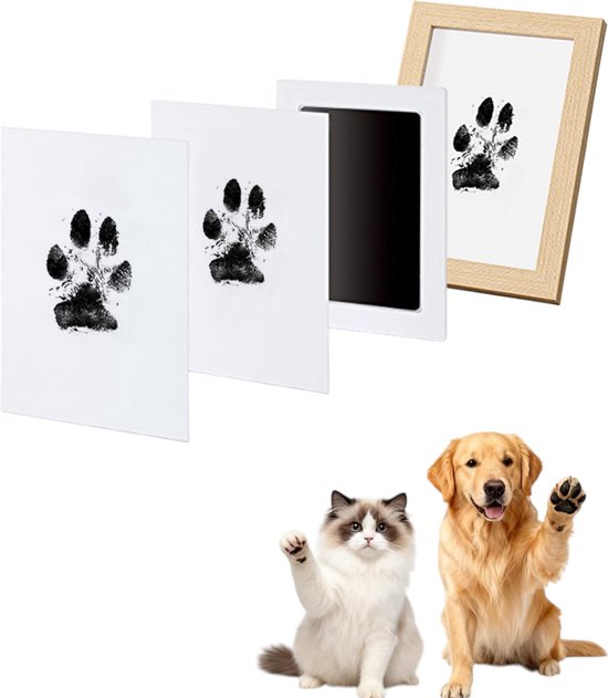 Pet Paw Print Pad - DIY Pet Photo Album - Pet Paw Print Set - Geschikt voor het maken van pootafdrukken van katten en honden - Met houten lijst - 2 printbare kaarten van Merkloos