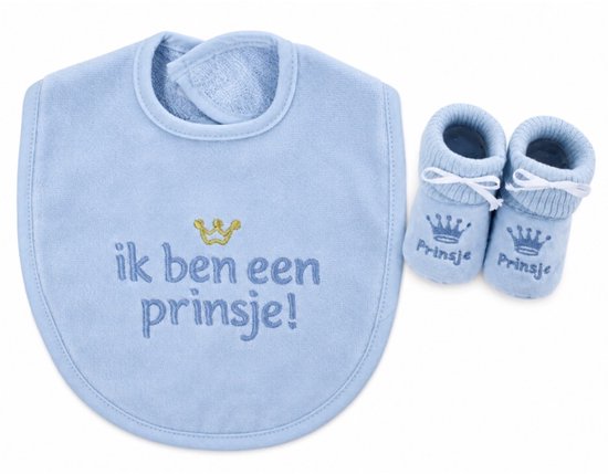 Petit Villain – 2-delige Baby Giftset Prinsje – Blauwe Slab met Babyslofjes – Ik ben een prinsje – Kraamcadeau Jongen