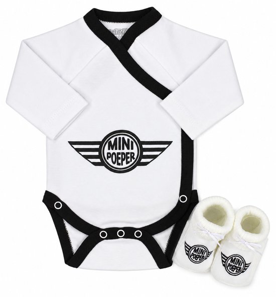 Petit Villain - Baby Cadeauset Minipoeper - Overslagromper met Lange Mouwen en Babyslofjes -Wit/Zwart - Kraamcadeau