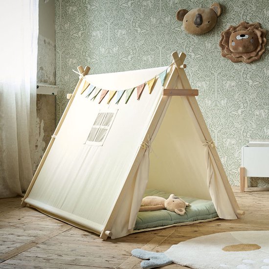 Petite Amélie Tipi Speeltent Off-White - Tipi Tent voor Kinderen met Vrolijke Slinger - 100% Katoen - Extra Veilig door Netraampje & Massief Houten Tentstokken van Petite Amélie