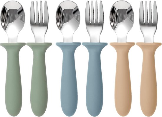 Peuter Bestek Set - Veilig & Comfortabel Siliconen Handvat - Van Duurzaam 18/8 RVS - Eenvoudig Schoon te Maken - Ideaal voor Zelfstandig Leren Eten - 6-Delige Set