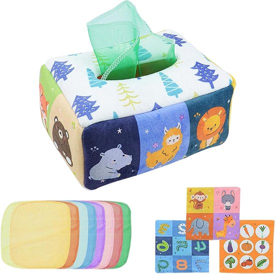 Peuter Tissue Box - Babyspeelgoed - Motoriek Ontwikkelen - Zintuigen Stimuleren - 17.5 cm Lengte - Multicolor