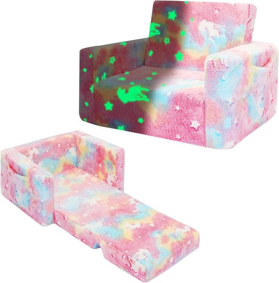 Peuterstoel uitklapbaar - Kindersofa ligbed - Ontspannen spelen - Licht op in donker - M - Roze