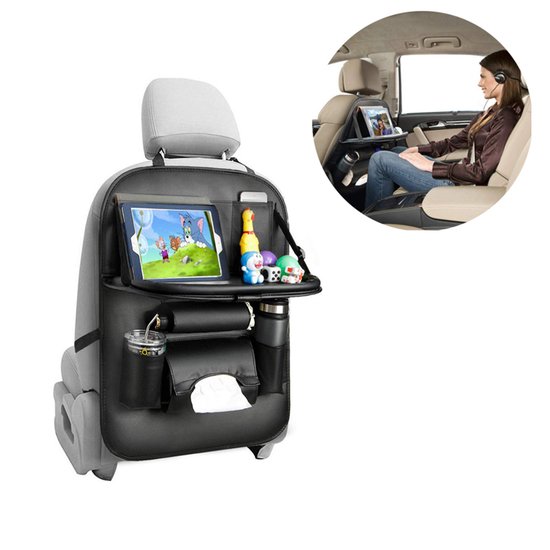 Peysaitr - Auto Stoel Organizer - Waterdichte Lederen Opbergzak - Multifunctionele Autostoel Tas met Tafeltje - Universele - Zwart - 1 stuk