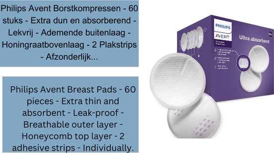 Philips Avent Borstkompressen - 60 stuks - Extra dun en absorberend - Lekvrij - Ademende buitenlaag - Honingraatbovenlaag - 2 Plakstrips - Afzonderlijk verpakt - SCF254/61 van Philips