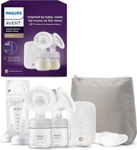 Philips Avent dubbele elektrische borstkolf, ziekenhuissterkte en oplaadbare motor, geïnspireerd op de natuurlijke zuigreflex van baby's, reistasje, model SCF398/31 van Philips Avent