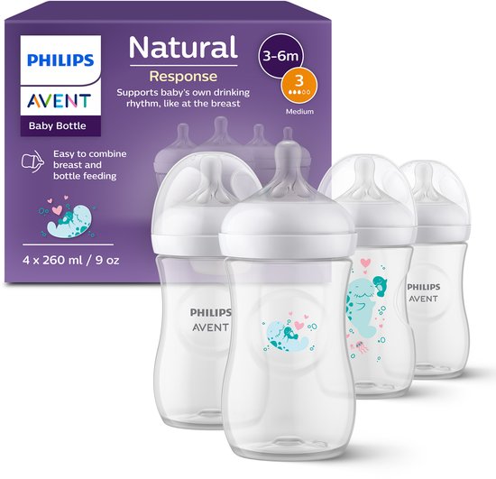 Philips Avent Natural Response 4 babyflessen – 260 ml – Flow 3- zeehond - SCY903/61 van Philips Avent