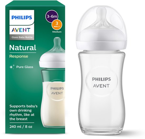 Philips Avent Natural Response Glazen Babyfles - 240ml - Flow 3 - BPS vrij- 1 fles - SCY933/01