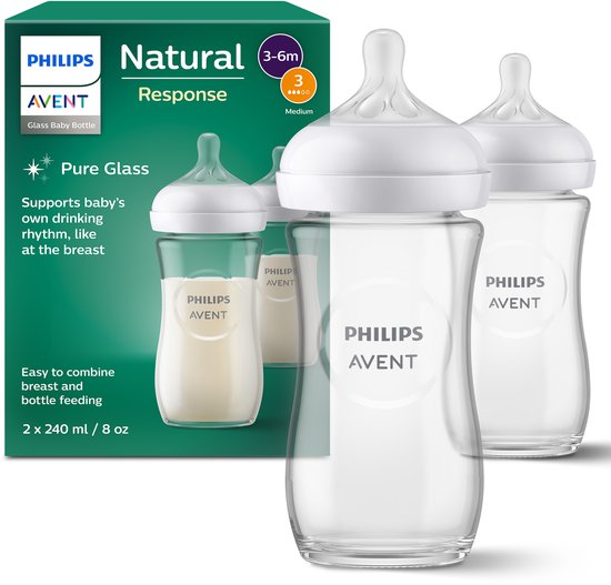 Philips Avent Natural Response Glazen Babyflessen 240 ml - Flow 3- 2 flessen - SCY933/02