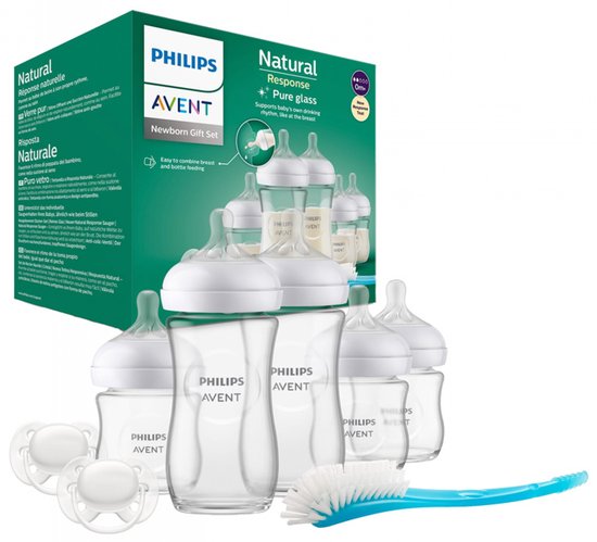 Philips Avent Natural Response – Glazen Cadeauset – 5 Flessen + 2 Fopspenen + Flessenborstel - SCD879/11