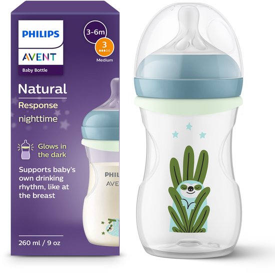 Philips Avent Natural Response Nighttime babyfles 260 ml - Flow 3 - Antikramp - Glow-in-the-dark fles - SCY903/81 van Merkloos