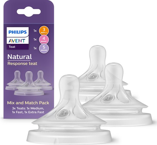 Philips Avent Natural Response Speen – Mix & Match – 3 stuks – Gemiddeld, snel en extra snel – Anti-Koliek – Anti-lek – BPA-Vrij - SCY960/03 van Philips Avent