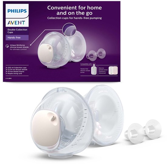 Philips Avent SCF439/01 Dubbele Opvangcups – Handsfree Kolven | Ultralicht & Draagbaar | SkinSense Siliconen voor Comfortabele Pasvorm | Transparante Cups voor Optimale Controle van Philips