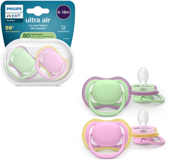 Philips Avent Ultra Air - Ademend en lichtgewicht fopspeen (6-18 mnd) - 2 stuks - SCF087/12 van Philips
