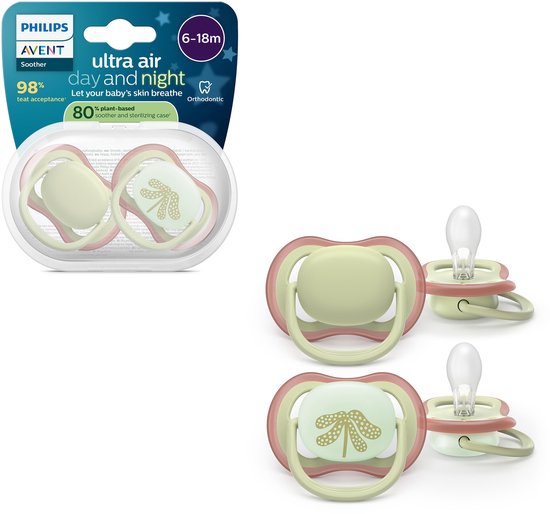 Philips Avent Ultra Air Day & Night – Fopspeenset met dag- en nachtversie – 2 stuks – 6-18 mnd - SCF087/18 van Philips Avent