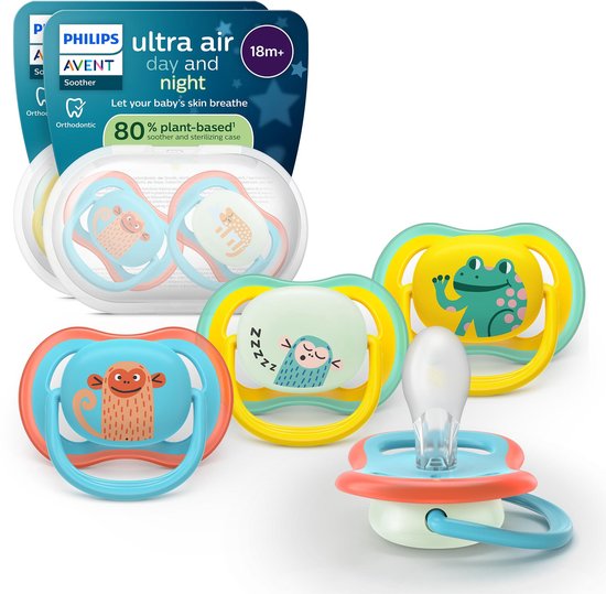 Philips Avent Ultra Air Day & Night – Glow-in-the-dark fopspeen – Extra luchtopeningen – 4 stuks - SCF349/56 van Philips Avent