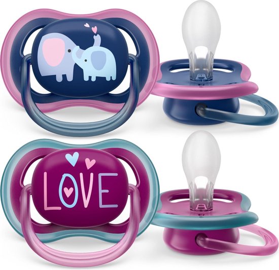 Philips Avent Ultra Air Fopspeen - Ouder dan 18 Maanden - 2 Speentjes - Donkerblauw/Paars Olifant/Love - SCF349/22 van Philips