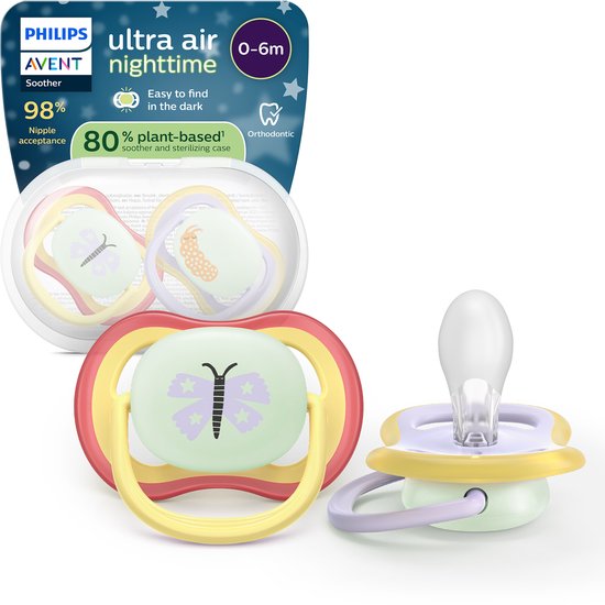 Philips Avent Ultra Air Night – Glow-in-the-dark fopspeen –(0-6 mnd) Extra luchtopeningen – 2 stuks - SCF376/25 van Philips