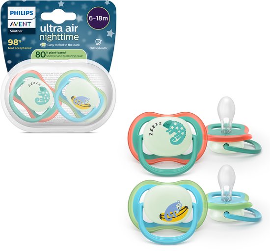 Philips Avent Ultra Air Night - Glow-in-the-dark fopspeen –(6-18 mnd) Extra luchtopeningen - 2 stuks - SCF376/28 van Philips Avent