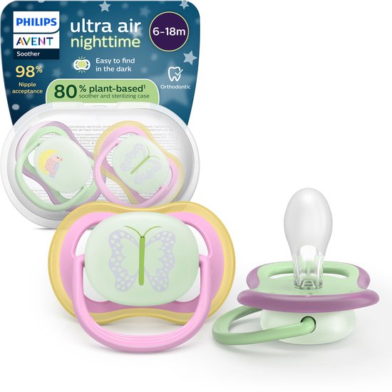 Philips Avent Ultra Air Night – Glow-in-the-dark fopspeen –(6-18 mnd) Extra luchtopeningen – 2 stuks - SCF376/29 van Philips Avent