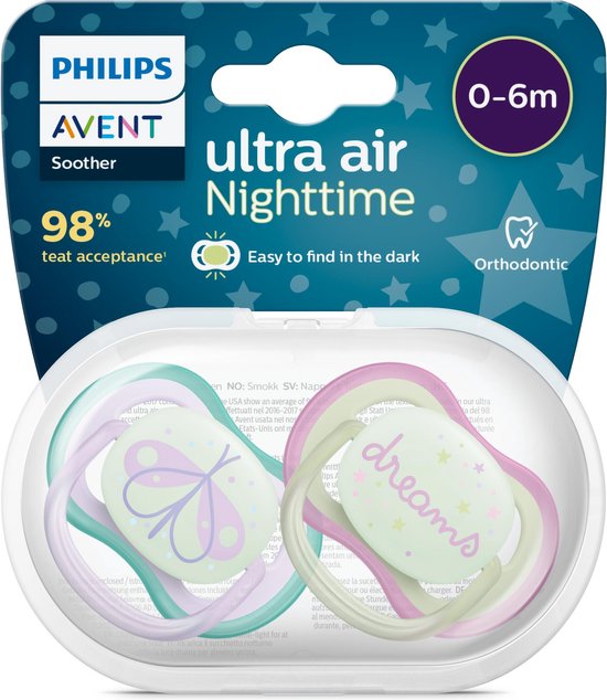 Philips Avent Ultra Air Nighttime Glow in the Dark Fopspeen - 0 tot 6 Maanden - 2 Speentjes - Paars/Groen Vuurvlieg/Dromen - SCF376/19 van Merkloos