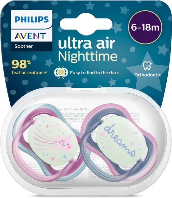 Philips Avent Ultra Air Nighttime Glow in the Dark Fopspeen - 6 tot 18 Maanden - 2 Speentjes - Paars/Donkerblauw Ster/Dreams - SCF376/14 van Merkloos