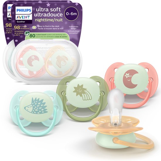 Philips Avent Ultra Soft Nighttime - 0 tot 6 maanden - Glow-in-the-dark fopspeen - 4pack- SCF094/07 van Merkloos