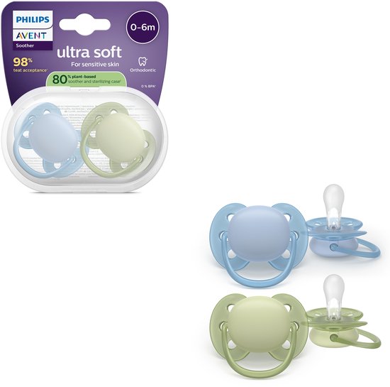 Philips Avent Ultra Soft – Superzachte siliconen fopspeen (0-6 mnd) – Voor gevoelige huid – 2 stuks - SCF091/37 van Philips Avent