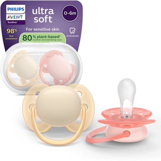 Philips Avent Ultra Soft – Superzachte siliconen fopspeen (0-6 mnd) – Voor gevoelige huid – 2 stuks - SCF091/38 van Philips Avent