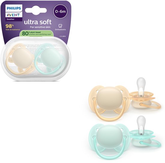 Philips Avent Ultra Soft – Superzachte siliconen fopspeen (0-6 mnd) – Voor gevoelige huid – 2 stuks - SCF091/40 van Philips Avent