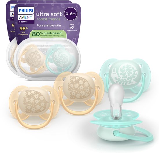 Philips Avent Ultra Soft – Superzachte siliconen fopspeen (0-6 mnd) – Voor gevoelige huid – 4 stuks - SCF091/49 van Philips Avent