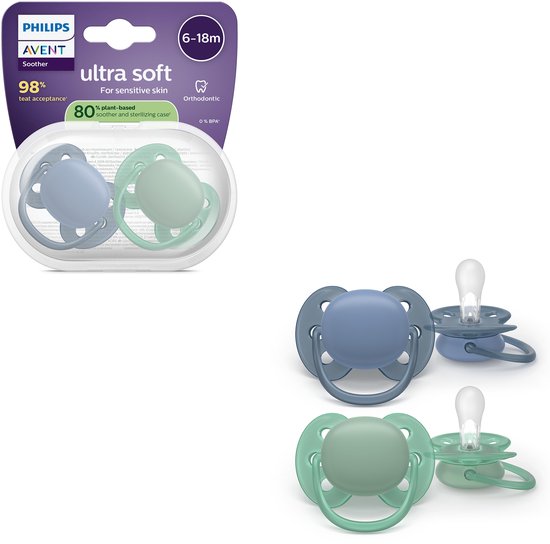 Philips Avent Ultra Soft – Superzachte siliconen fopspeen (6-18 mnd) – Voor gevoelige huid – 2 stuks - SCF091/42 van Philips