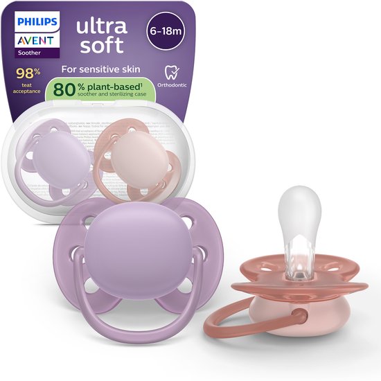 Philips Avent Ultra Soft – Superzachte siliconen fopspeen (6-18 mnd) – Voor gevoelige huid – 2 stuks - SCF091/43 van Philips Avent