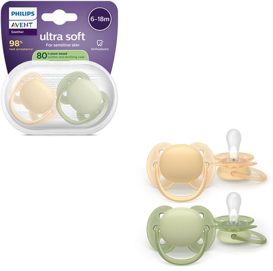 Philips Avent Ultra Soft – Superzachte siliconen fopspeen (6-18 mnd) – Voor gevoelige huid – 2 stuks - SCF091/45 van Philips