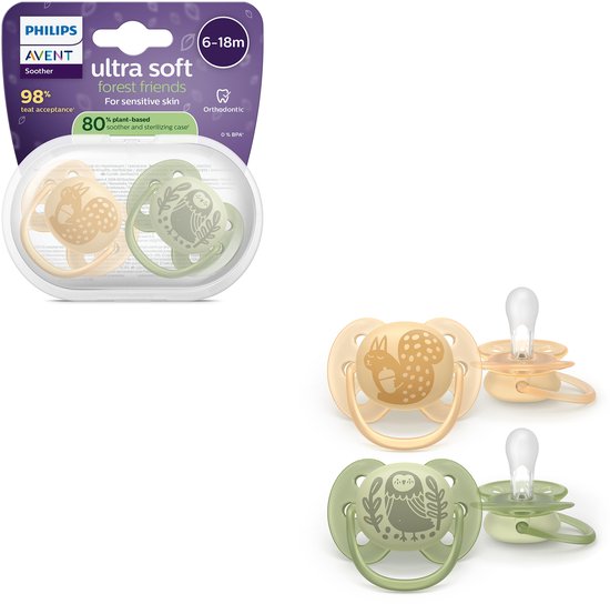 Philips Avent Ultra Soft - Superzachte siliconen fopspeen (6-18 mnd) - Voor gevoelige huid - 2 stuks - SCF091/46 van Philips