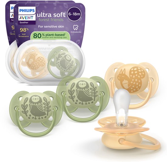 Philips Avent Ultra Soft - Superzachte siliconen fopspeen (6-18 mnd) - Voor gevoelige huid - 4 stuks - SCF091/52 van Philips