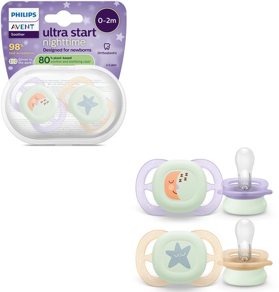 Philips Avent Ultra Start Night – Glow-in-the-dark siliconen fopspeen – 0-6 mnd – 2 stuks - SCF075/17 van Merkloos