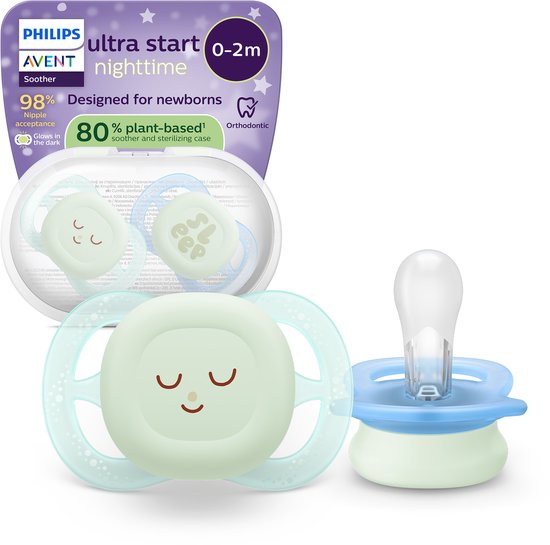 Philips Avent Ultra Start Night – Glow-in-the-dark siliconen fopspeen – 0-6 mnd – 2 stuks - SCF075/18 van Philips Avent