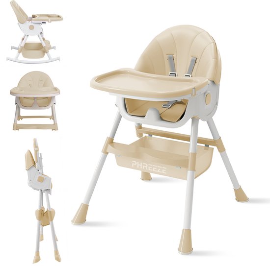 Phreeze Kinderstoel - Inklapbaar - Meegroeistoel 6 t/m 72 maanden - Afneembare Wielen - Eetstoel Baby & Peuter - Ook als Loopstoel, Wipstoel, Babystoel aan tafel / voor eten / thuis - Beige van Phreeze