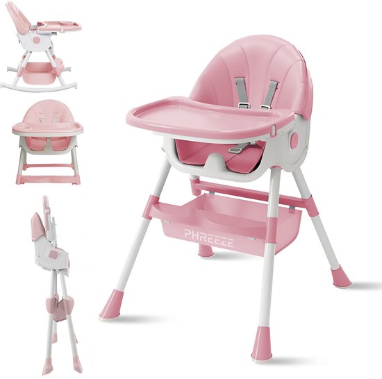 Phreeze Kinderstoel - Inklapbaar - Meegroeistoel 6 t/m 72 maanden - Afneembare Wielen - Eetstoel Baby & Peuter - Ook als Loopstoel, Wipstoel, Babystoel aan tafel / voor eten / thuis - Roze van Phreeze