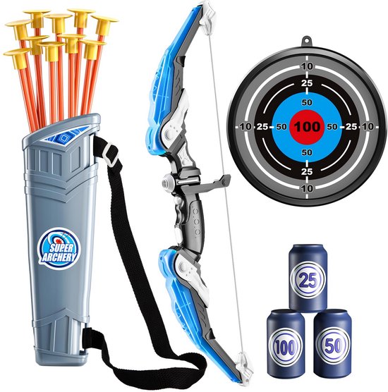 Pijl en boogset voor kinderen - LED-verlichte boogschietset met 10 pijlen met zuignappen, schietschijf en pijlkoker - Speelgoed voor binnen en buiten, jacht, cadeau voor jongens en meisjes - Blauw van Merkloos