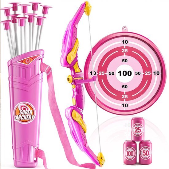 Pijl en boogset voor kinderen - LED-verlichte boogschietset met 10 pijlen met zuignappen, schietschijf en pijlkoker - Speelgoed voor binnen en buiten, jacht, cadeau voor jongens en meisjes - Roze van Merkloos