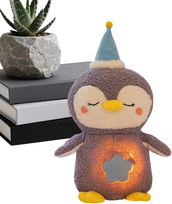 Pinguïn Knuffeldier - Ademend Knuffel - Slaap Hulp - Ritmische Ademhaling - 28x16 cm - Paars Grijs