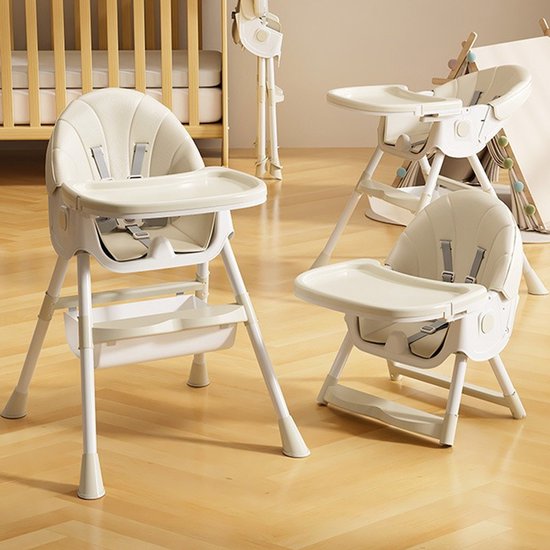 PIPIPOXER 3-in-1 kinderstoel met veiligheidsgordel, opvouwbaar, in hoogte verstelbaar frame, afneembaar eetblad, Beige